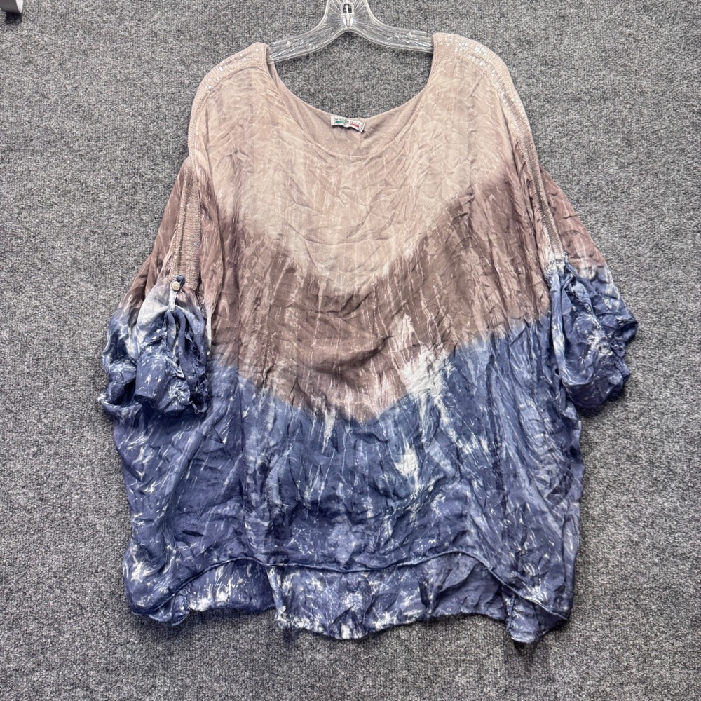 Made In Italy Silk Poncho Top Womens OS Blue Taupe Tie Dye Boho Sequin Lagenlook